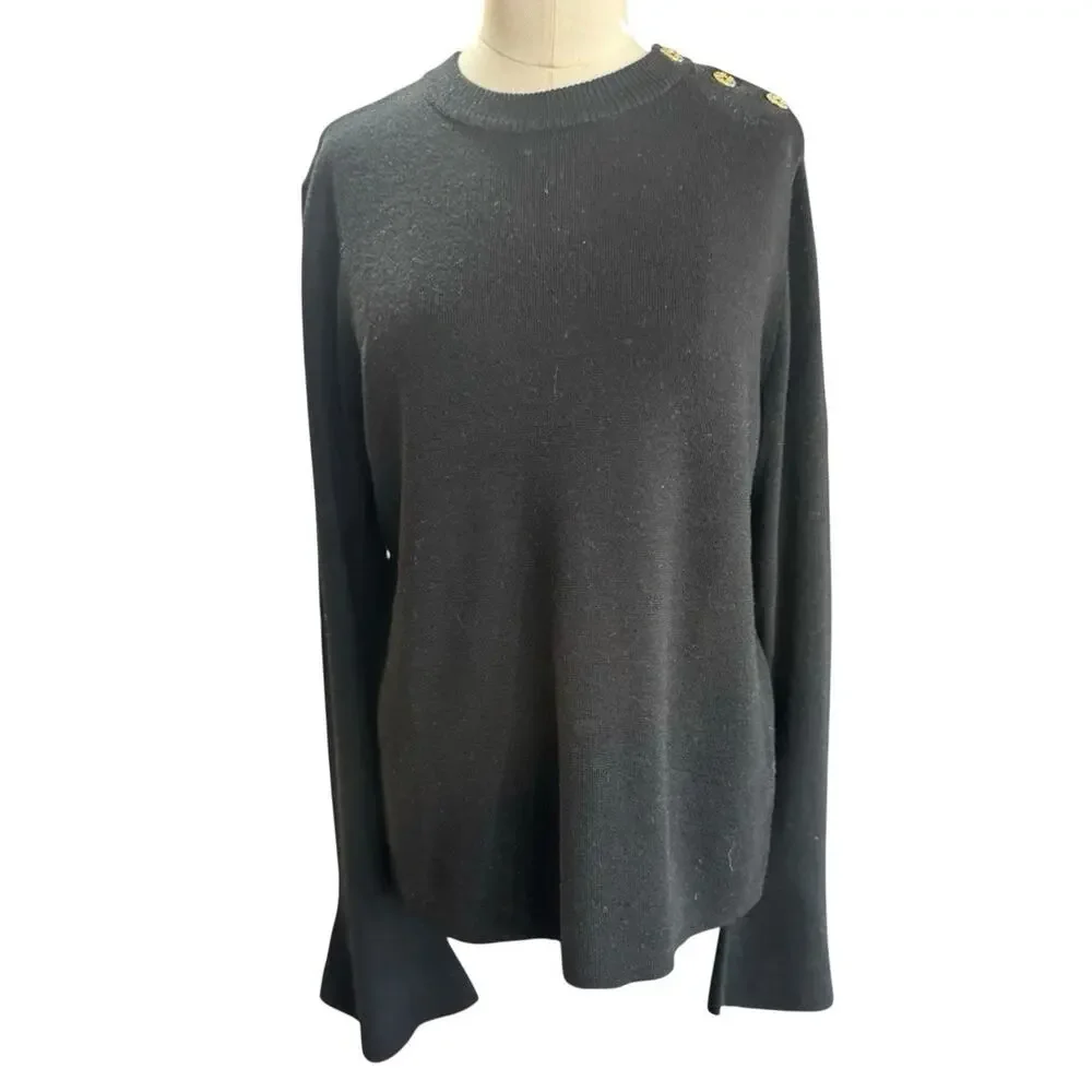 Tory Burch Black 100% Merino Wool Shoulder Placket Sweater Size M